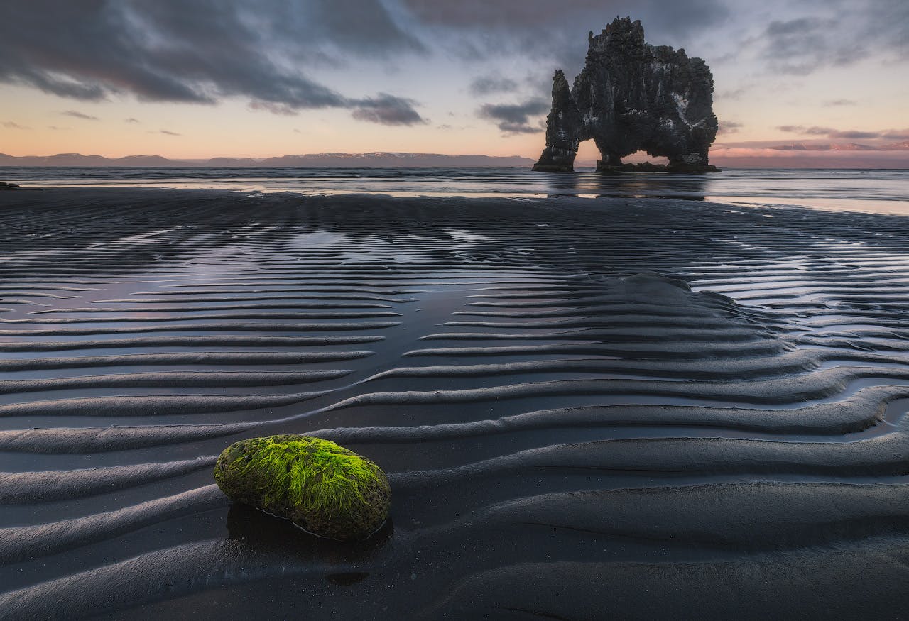 The dramatic rock stack, Hvítserkur, can be found in North Iceland.