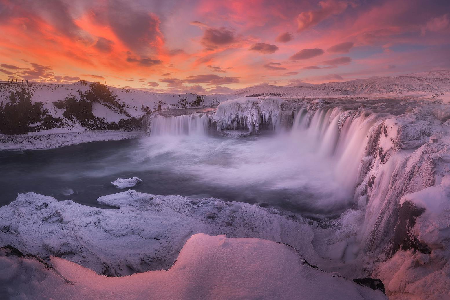 Goðafoss waterfall, frozen during the wintertime.