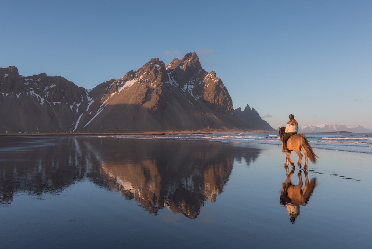 A horse ride galloping on the Stokknes Peninsula, just in front of Vestrahorn Mountain.