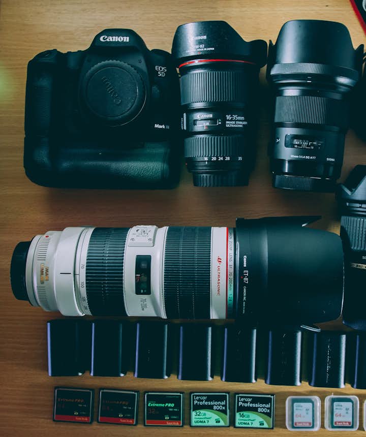 DSLR camera bodies and lenses are laid out on a wooden surface, viewed from top-down   | DSLR Accessories