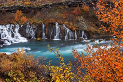 Puoi visitare alcune dei tesori nascosti dell'Islanda, come le cascate di Hraunfossar