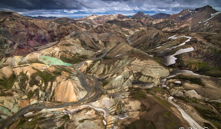 Take in the surreal beauty of Landmannalaugar's landscapes as you soar above on a thrilling helicopter tour.
