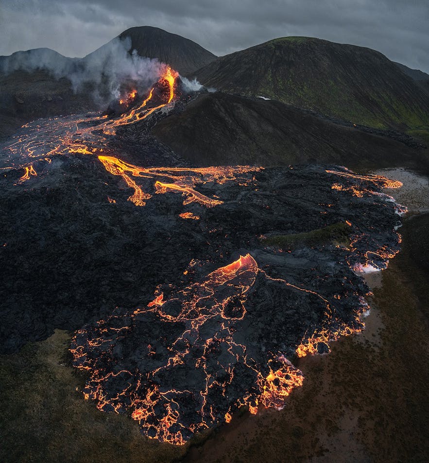 A glowing lava field stretches from Geldingadalur volcano.