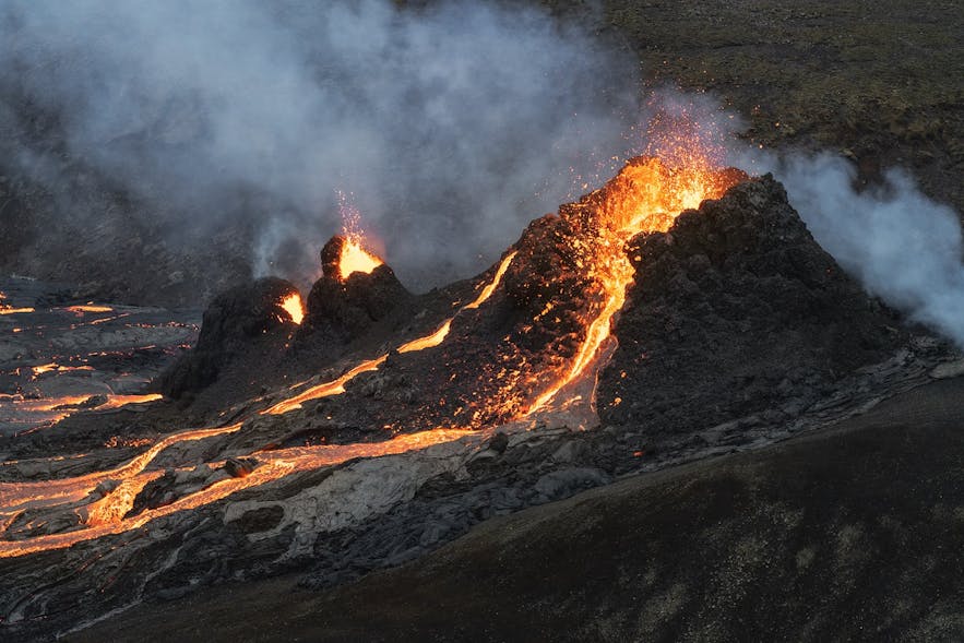 Several craters spill lava at Geldingadalur in Iceland.