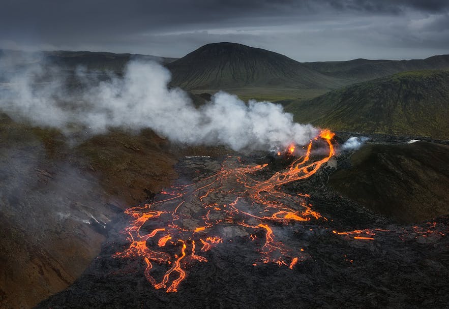 Smoke drifts over Geldingadalur's eruption site in Iceland.