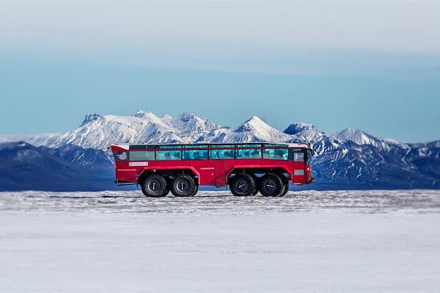 Embark on an epic journey across Langjokull Glacier, the second-largest glacier in Iceland, aboard this fierce red monster truck.