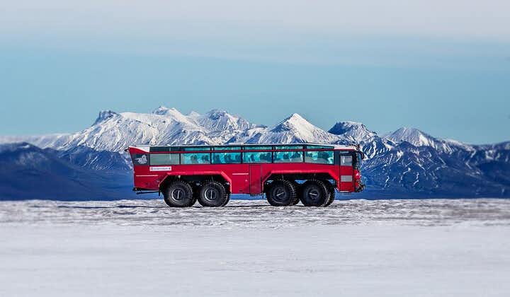 Embark on an epic journey across Langjokull Glacier, the second-largest glacier in Iceland, aboard this fierce red monster truck.