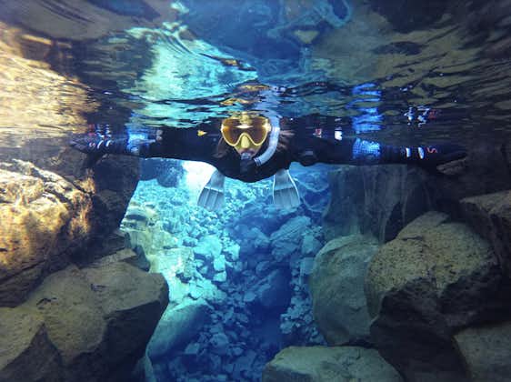 A woman explores the underwater wonders of Silfra during an unforgettable snorkeling adventure.