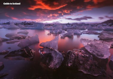 The Jokulsarlon glacier lagoon in Southeast Iceland looks extra magical under the colors of the setting sun.