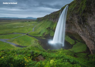 Seljalandsfoss is a pristine South Coast waterfall surrounded by lush greenery during summer.