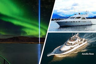 A three-part picture including a view of the Imagine Peace Tower light and the northern lights, and photos of two possible yachts for your northern lights boat cruise.